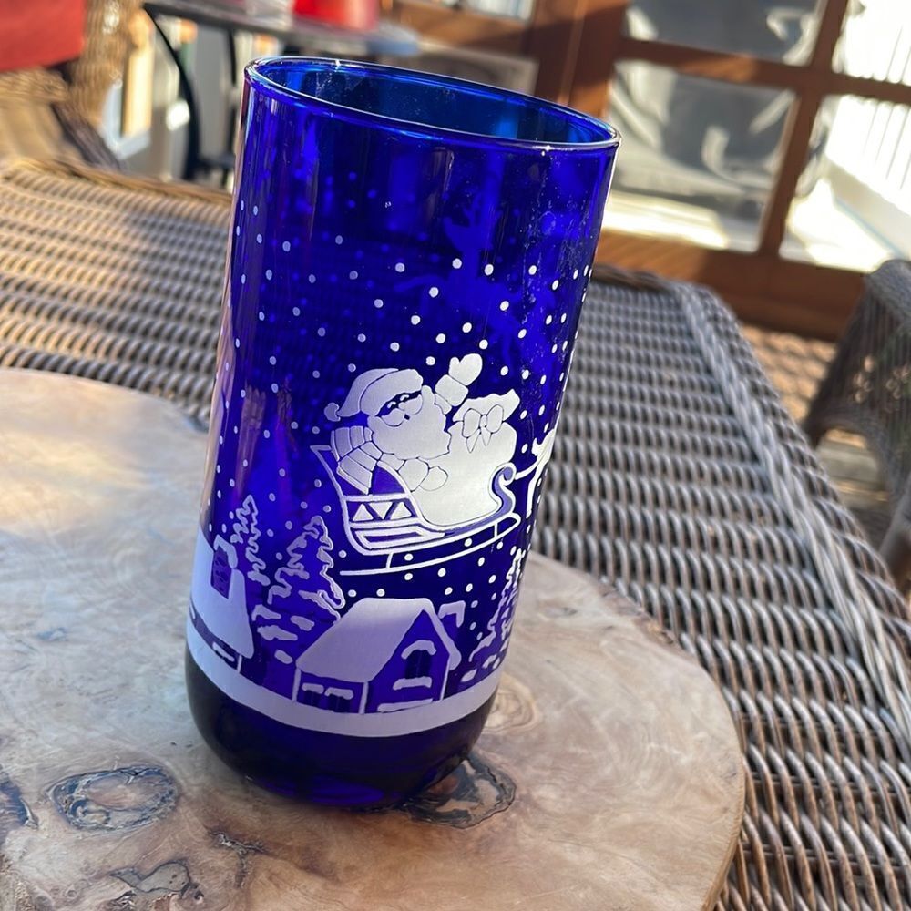 Vintage Libbey Cobalt Blue Santa Tumbler